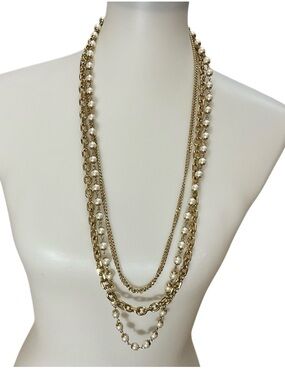 Ann Taylor Layered Gold Chain Faux Pearl Multi Strand Long Necklace
